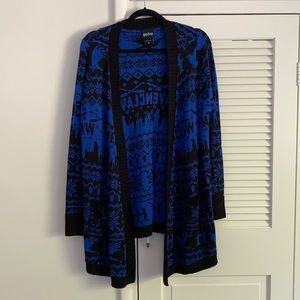 Open-Front Blue and Black Patterned Women's Cardigan